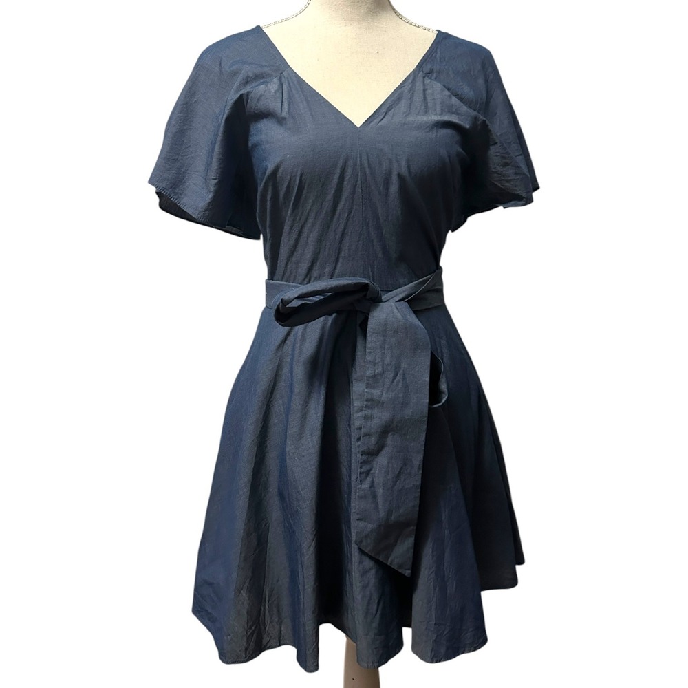 Parker Fit & Flare Chambray Blue Casual Belted Mini Dress XS Classic‎ Summer